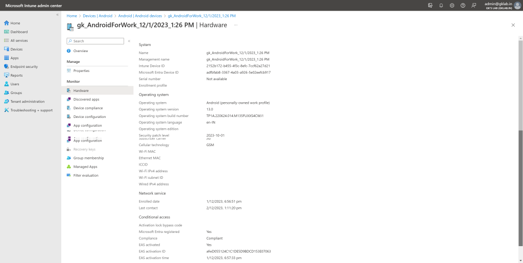 Screenshot of Harware Inventory information for an android device from Intune Portal
