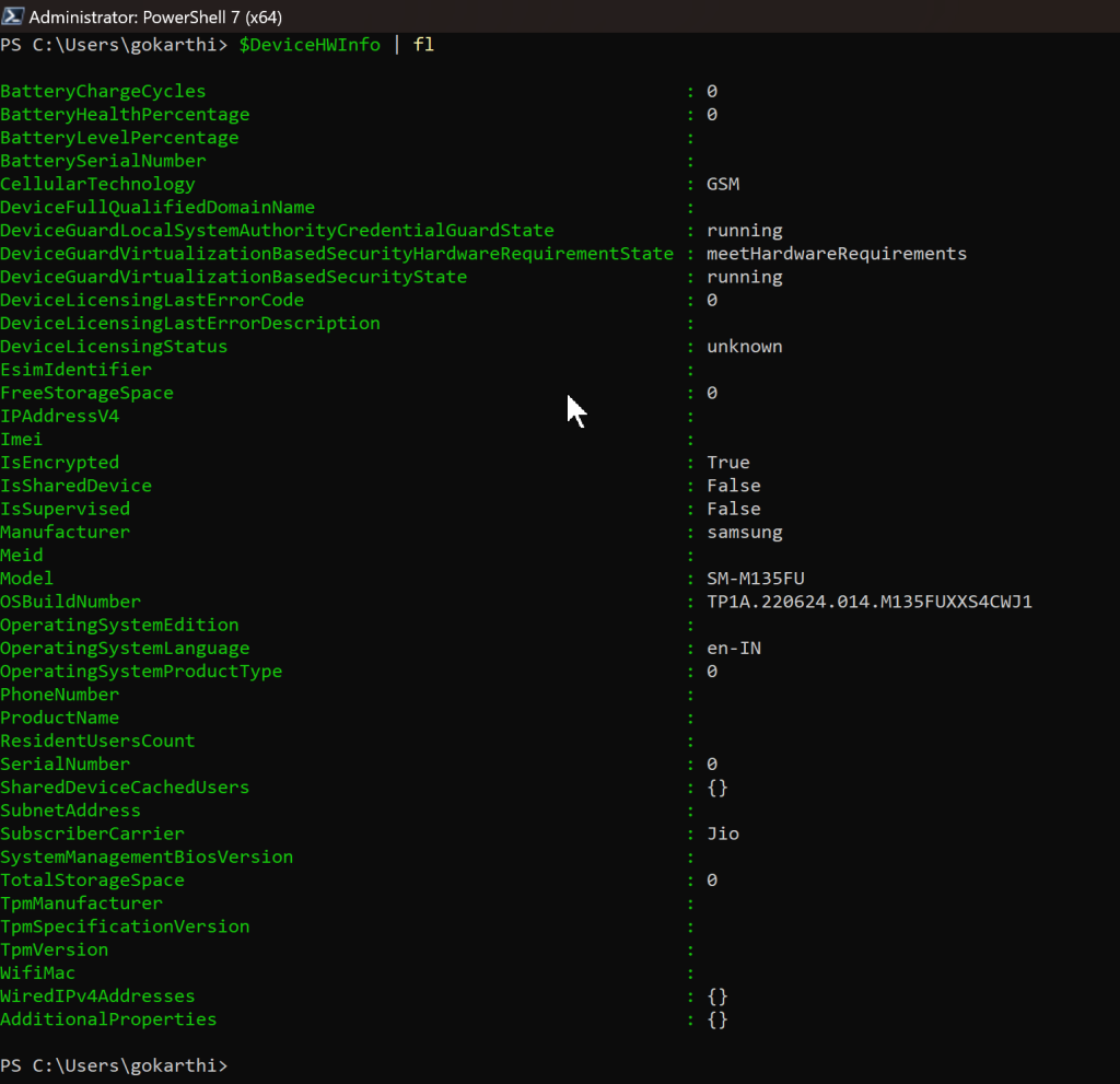Screenshot of Harware Inventory information for an android device from Powershell